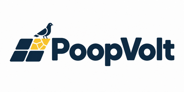 PoopVolt logo: a pigeon sitting on a photovoltaic panel beside the product name