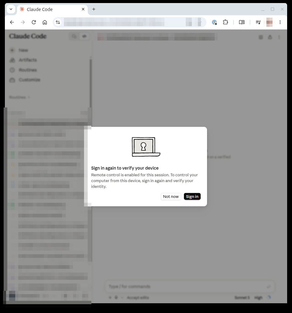 Browser dialog asking to sign in again to verify the device for Remote Control