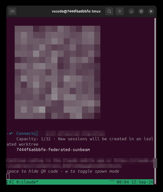 Terminal showing the QR code to scan for continuing the session from another device