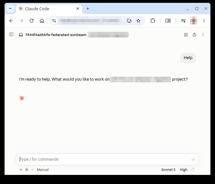 Browser showing the Claude Code session still running and ready for input