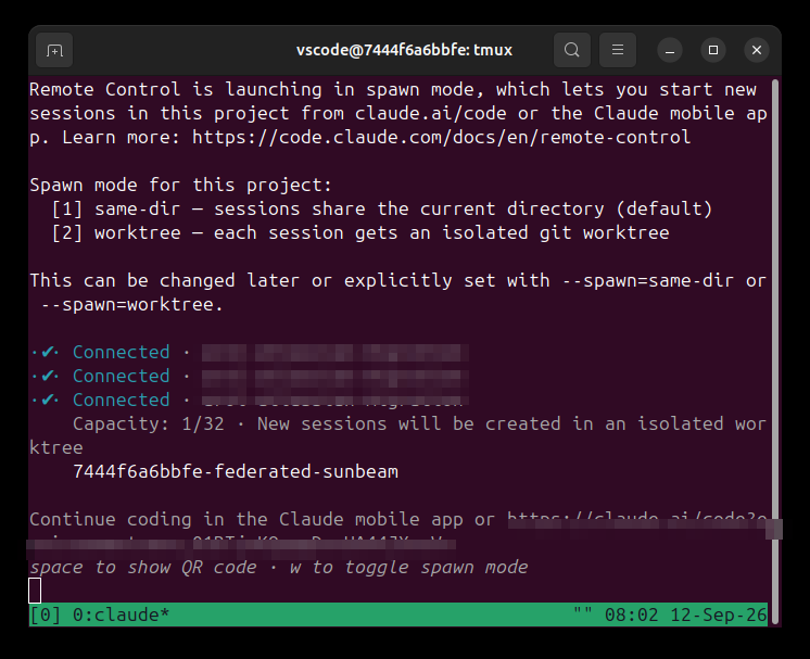 Terminal showing Remote Control launching in spawn mode, with the same-dir/worktree choice