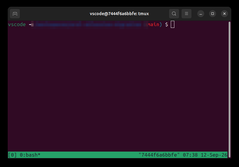 Terminal showing a tmux session started inside the Dev Container, at the shell prompt