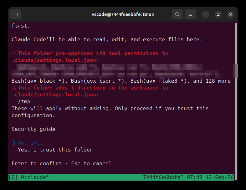 Claude Code setup wizard: prompt to trust the current folder, listing the pre-approved tool permissions