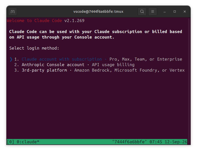 Claude Code setup wizard: selecting a login method (Claude account, Anthropic Console, or a 3rd-party platform)