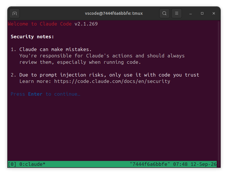 Claude Code setup wizard: the security notes screen, with a prompt to press Enter to continue