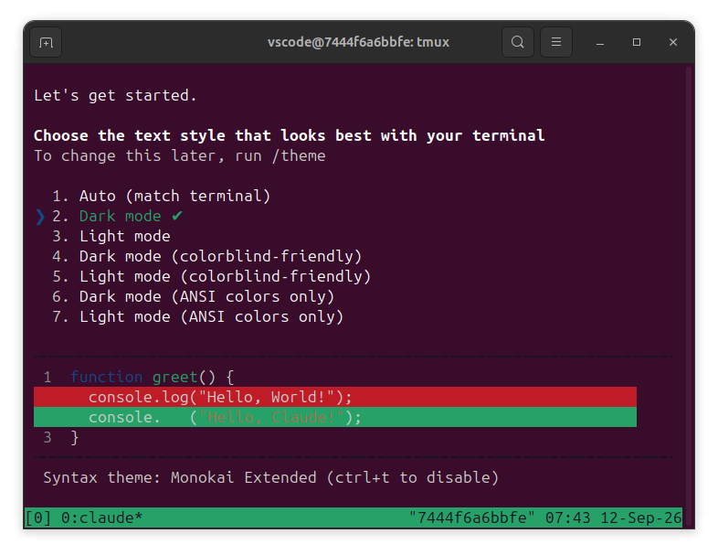 Claude Code setup wizard: choosing a text style, with a live preview of syntax highlighting